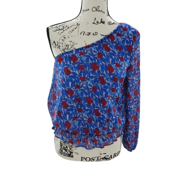 Lucky Brand Blouse One Shoulder Floral Blue Chiffon Elastic Waist Womens XS - Picture 1 of 7